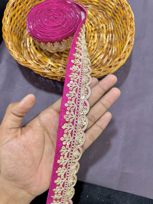 rawsilk fancy lace border with coding work sequence  (pack of 9 meter) magenta pink
