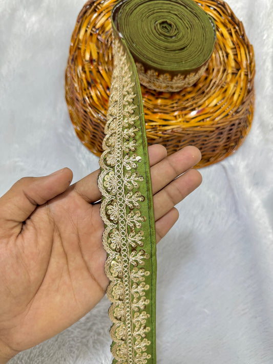 rawsilk fancy lace border with coding work sequence  (pack of 9 meter) mehandi green