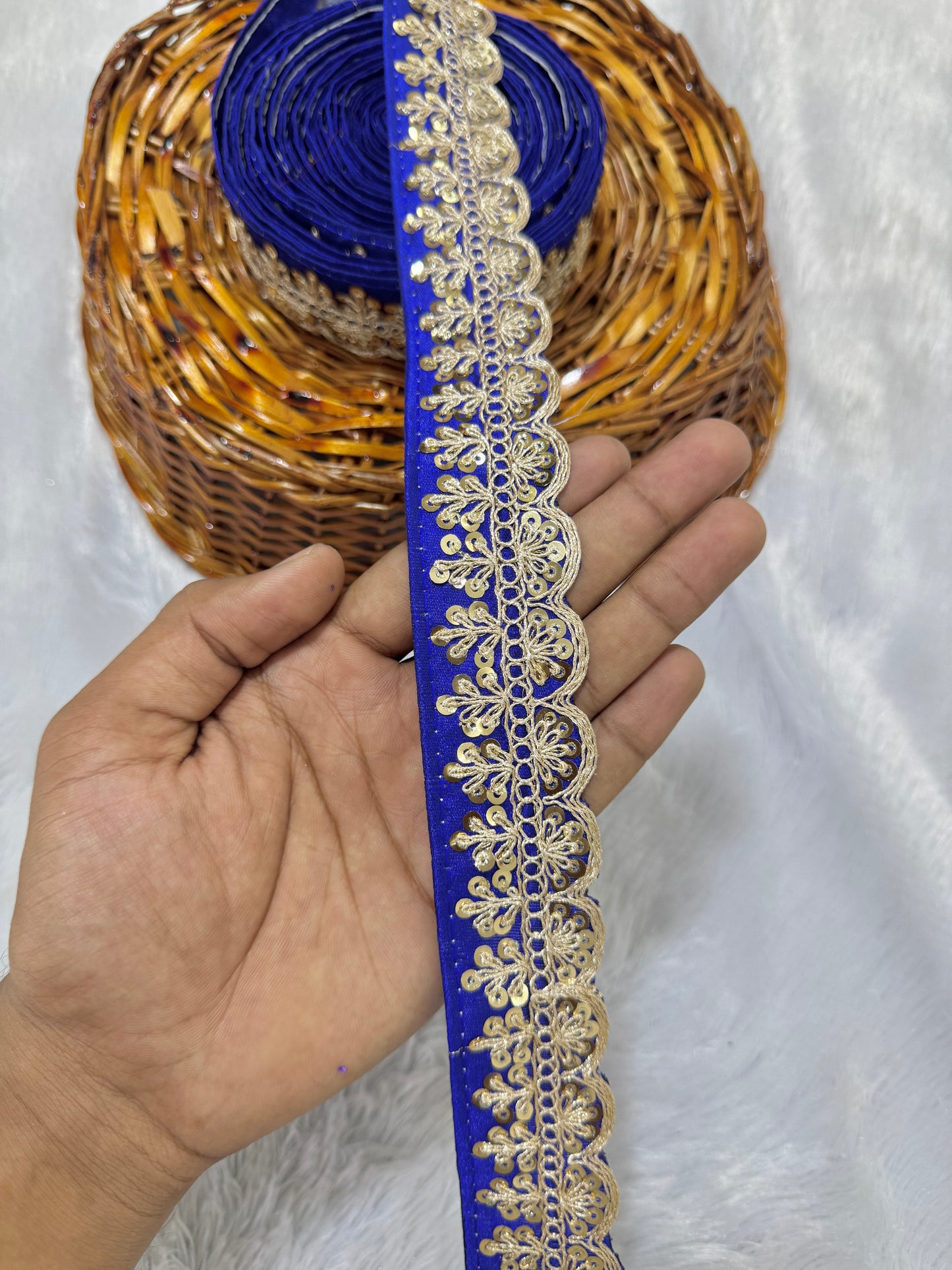 rawsilk fancy lace border with coding work sequence  (pack of 9 meter) royal blue