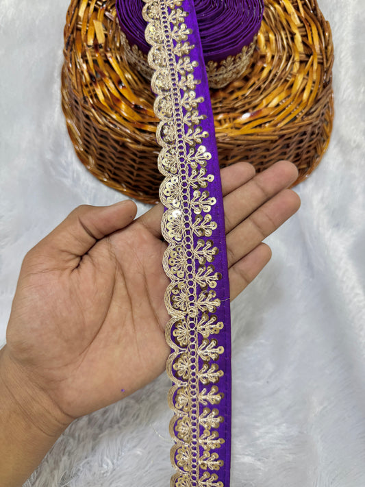 rawsilk fancy lace border with coding work sequence  (pack of 9 meter) purple