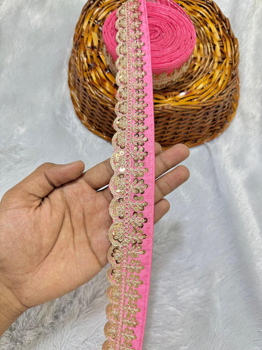 rawsilk fancy lace border with coding work sequence  (pack of 9 meter) baby pink