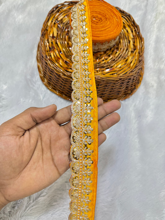 rawsilk fancy lace border with coding work sequence  (pack of 9 meter)Bright Marigold Orange. 🟧🌼