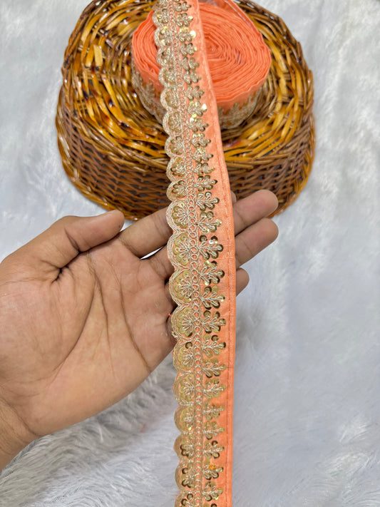 rawsilk fancy lace border with coding work sequence  (pack of 9 meter) peach