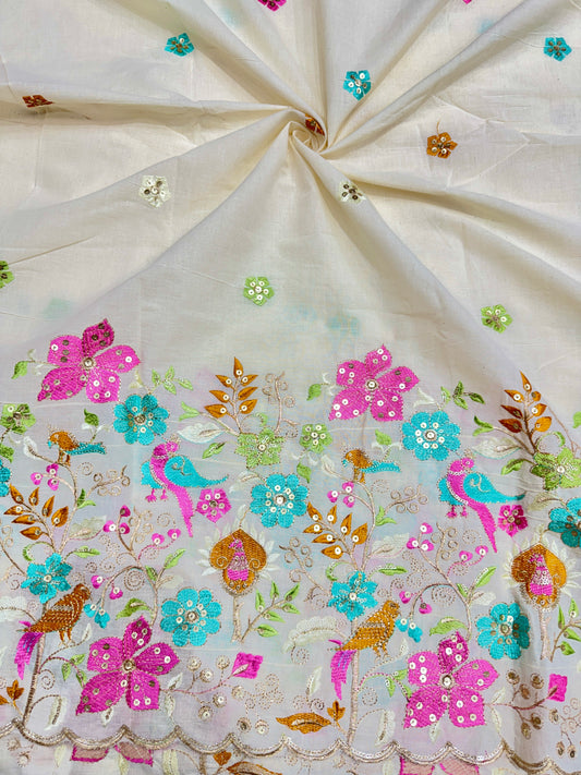 Kora  cotton with beautiful border thread 🧵 embroidery, 💐🌸flower design 44-45width (dyble )✅