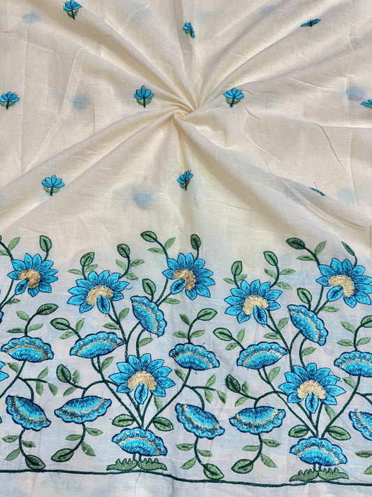 Kora  cotton with beautiful border thread 🧵 embroidery, 💐🌸flower design 44-45width (dyble )✅