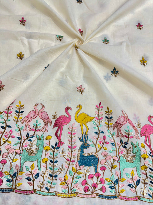 Kora  cotton with beautiful border thread 🧵 embroidery, 💐🌸flower design 44-45width (dyble )✅