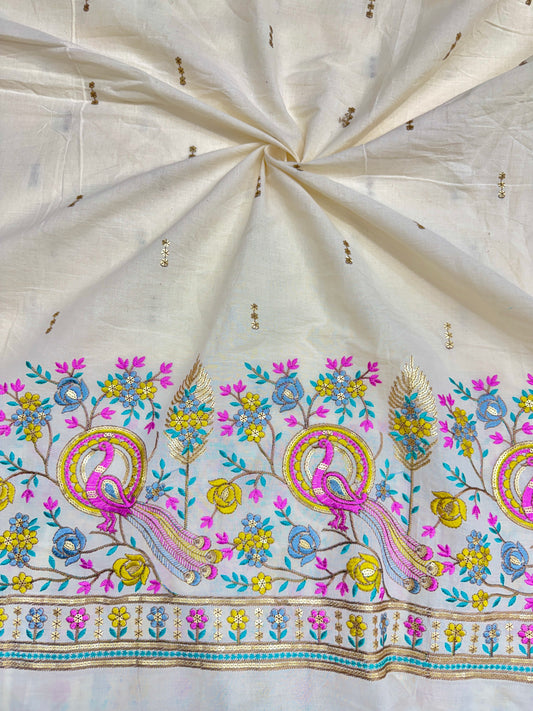 Kora  cotton with beautiful border thread 🧵 embroidery, 💐🌸flower design 44-45width (dyble )✅