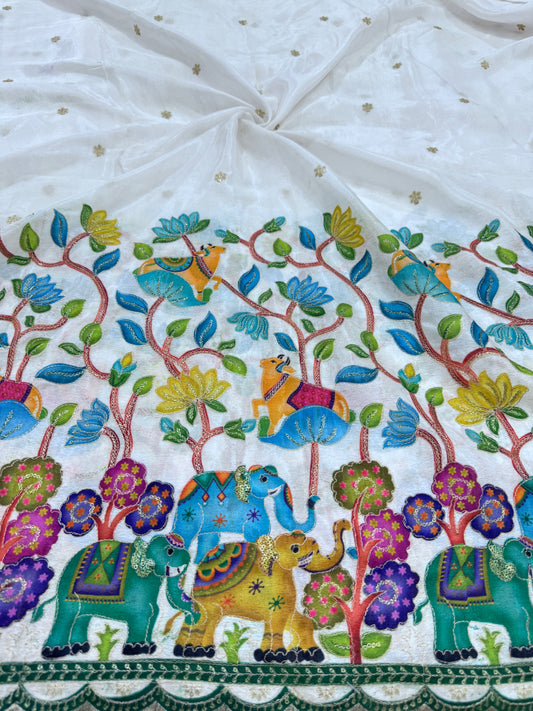 Kalamkari Cow Design Double Shaded Colour Chenon Fabric 44 Inch Width