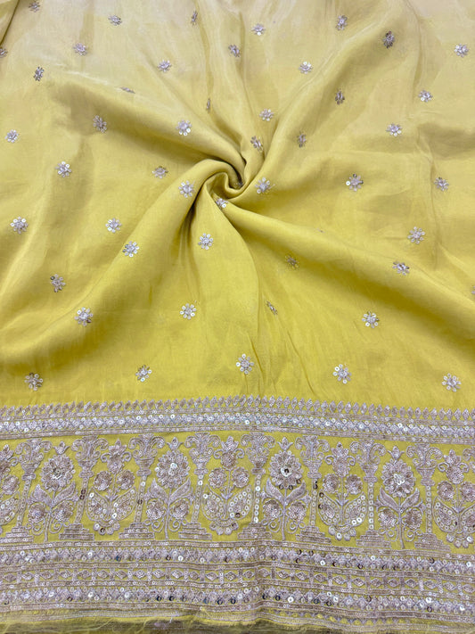 Pure Tissue Cosmos Zari Embroidery Sequins Flower Peacock Design