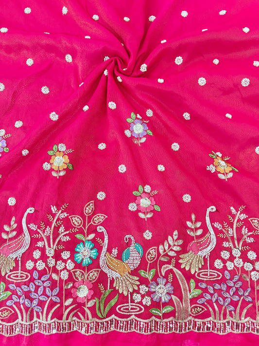 Pure Zari Tissue Handwork Embroidery Flower Design Work 45 Inch Width