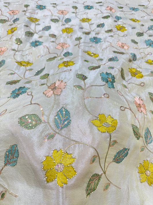 Puri Zari Tissue Beats Work Embroidery Multi Flower 44 Inch Width