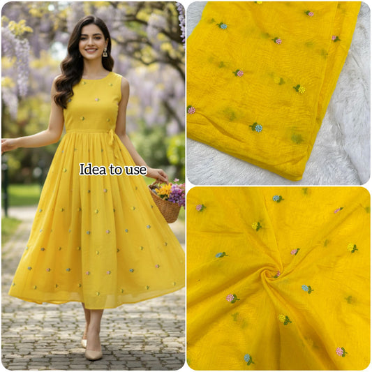 Bright Yellow flower 🌼 💕Embroidered mal  cotton Floral Fabric 44width