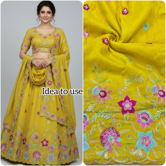 BEAUTIFUL YELLOW 😍PURE VICOUSE TISSUE MULTI FLOWER 🧵 EMBROIDERY WITH 🌺CUTWORK BORDER 44INCH WIDTH